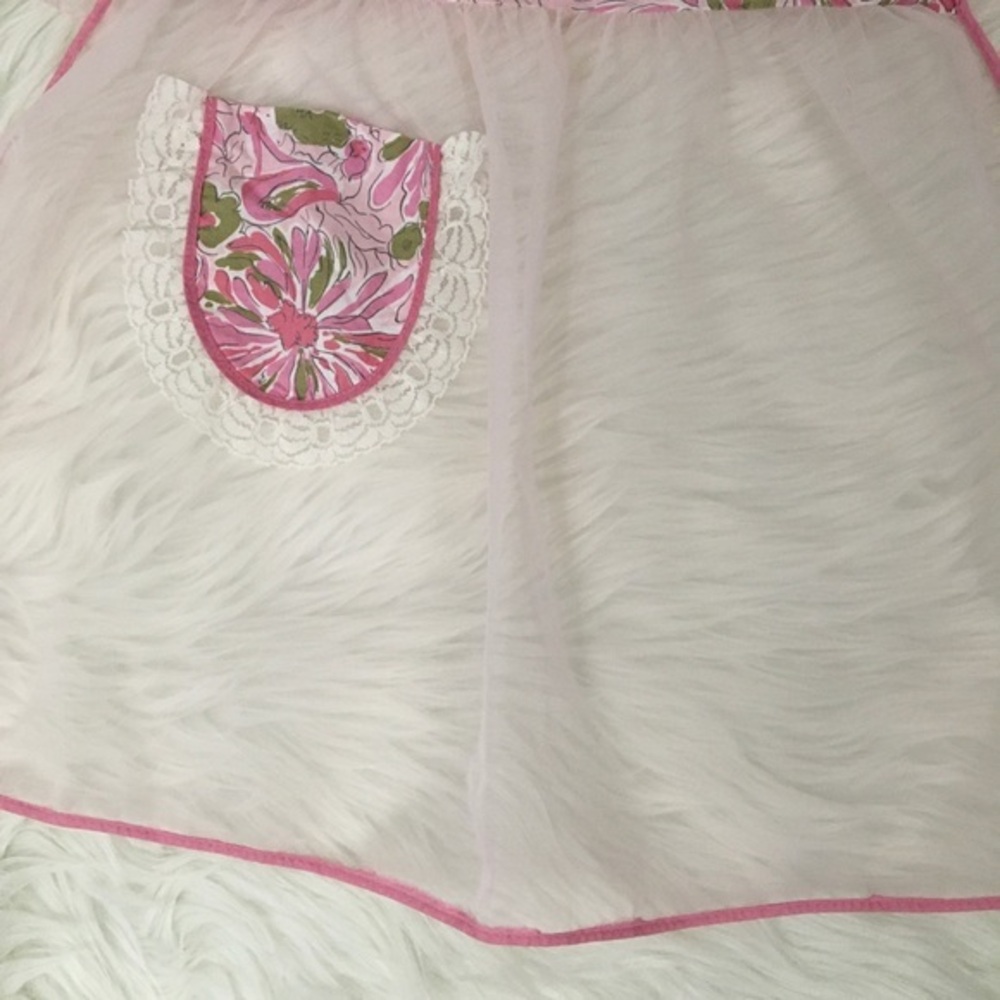 Vintage Pink Half Apron Sheer Chiffon Abstract Lace Tie Back Hostess - Picture 11 of 15